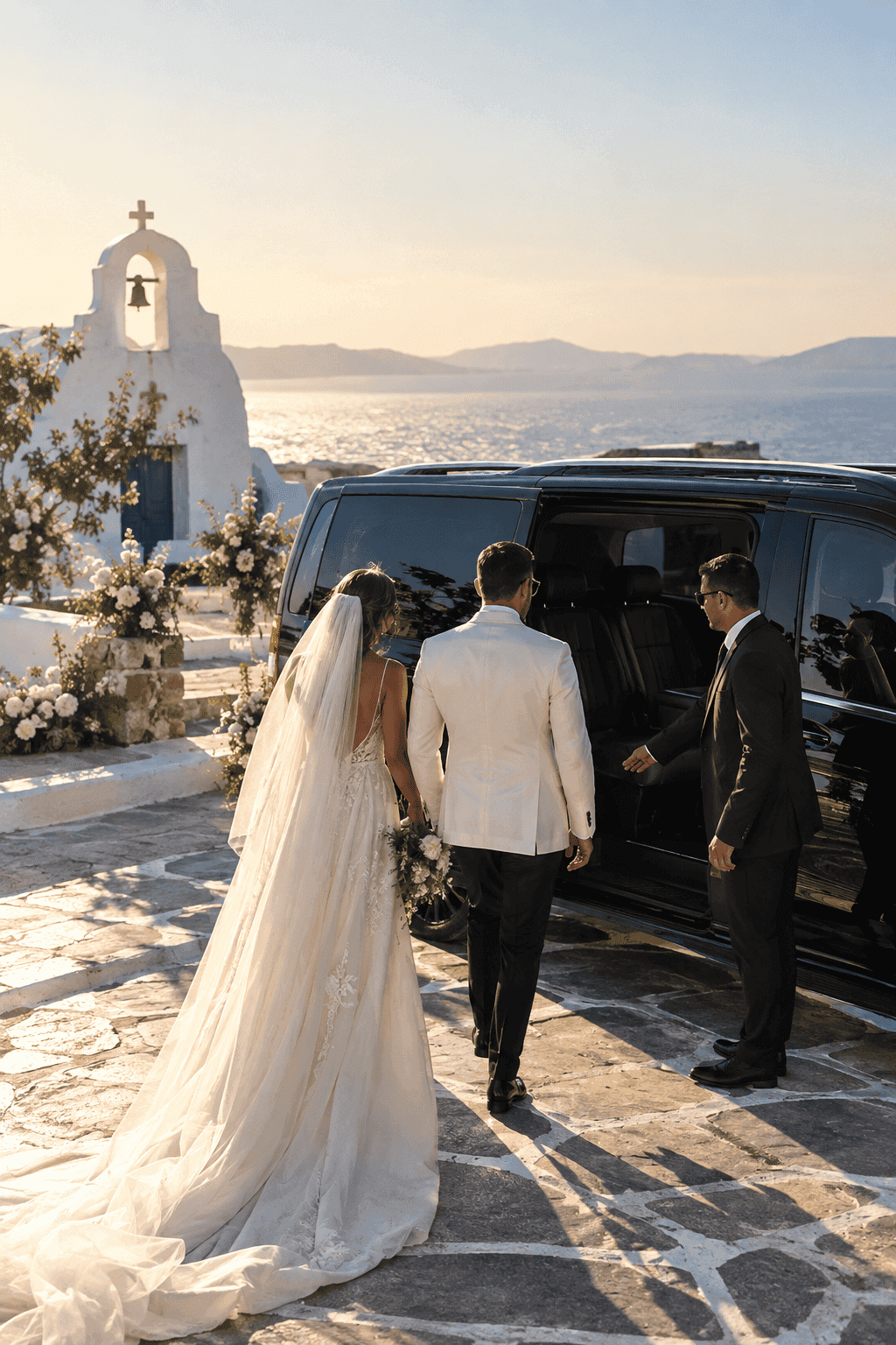 Bride and groom stepping into a JMK Transfers van at a Mykonos chapel at sunset