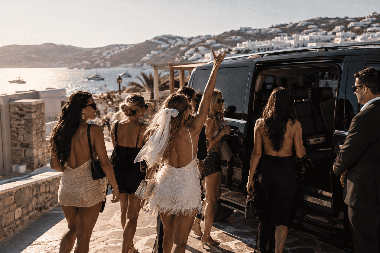 Group of friends boarding a JMK Transfers van for a bachelorette party in Mykonos