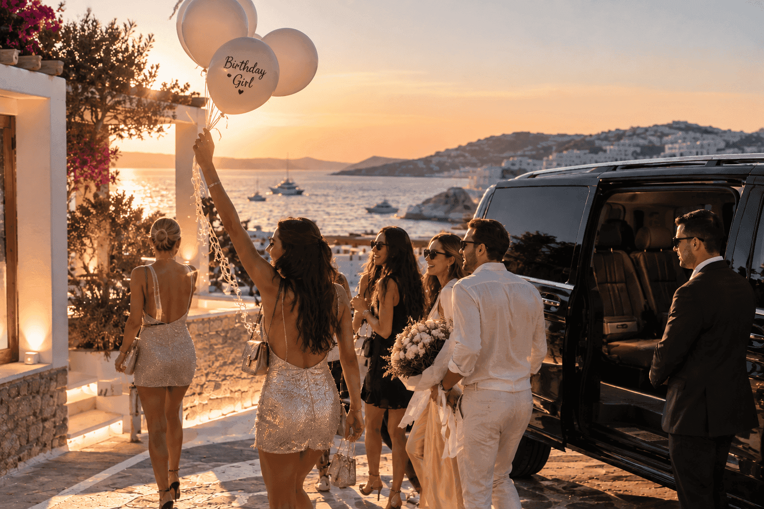 Birthday celebration guests arriving by JMK Transfers van at sunset in Mykonos