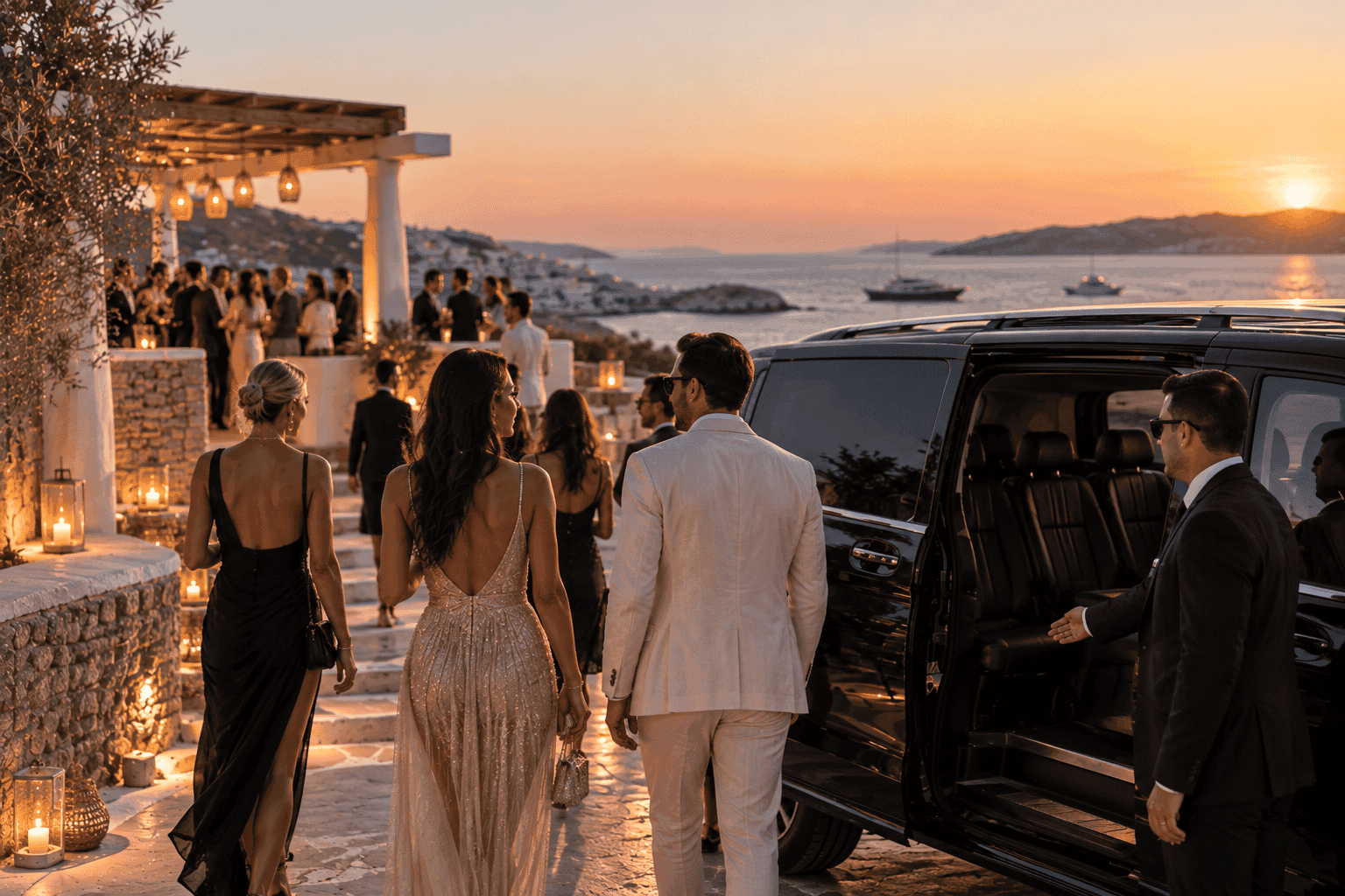 Guests arriving at a private sunset event in Mykonos with a JMK Transfers van