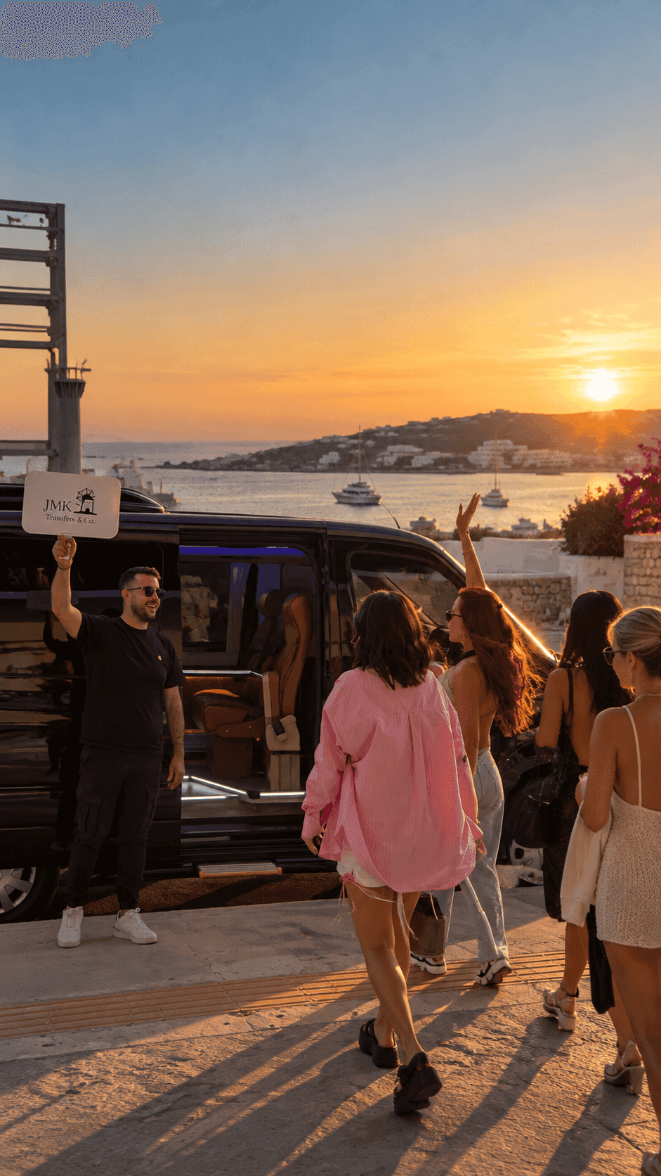 JMK Transfers welcoming guests for a celebration in Mykonos
